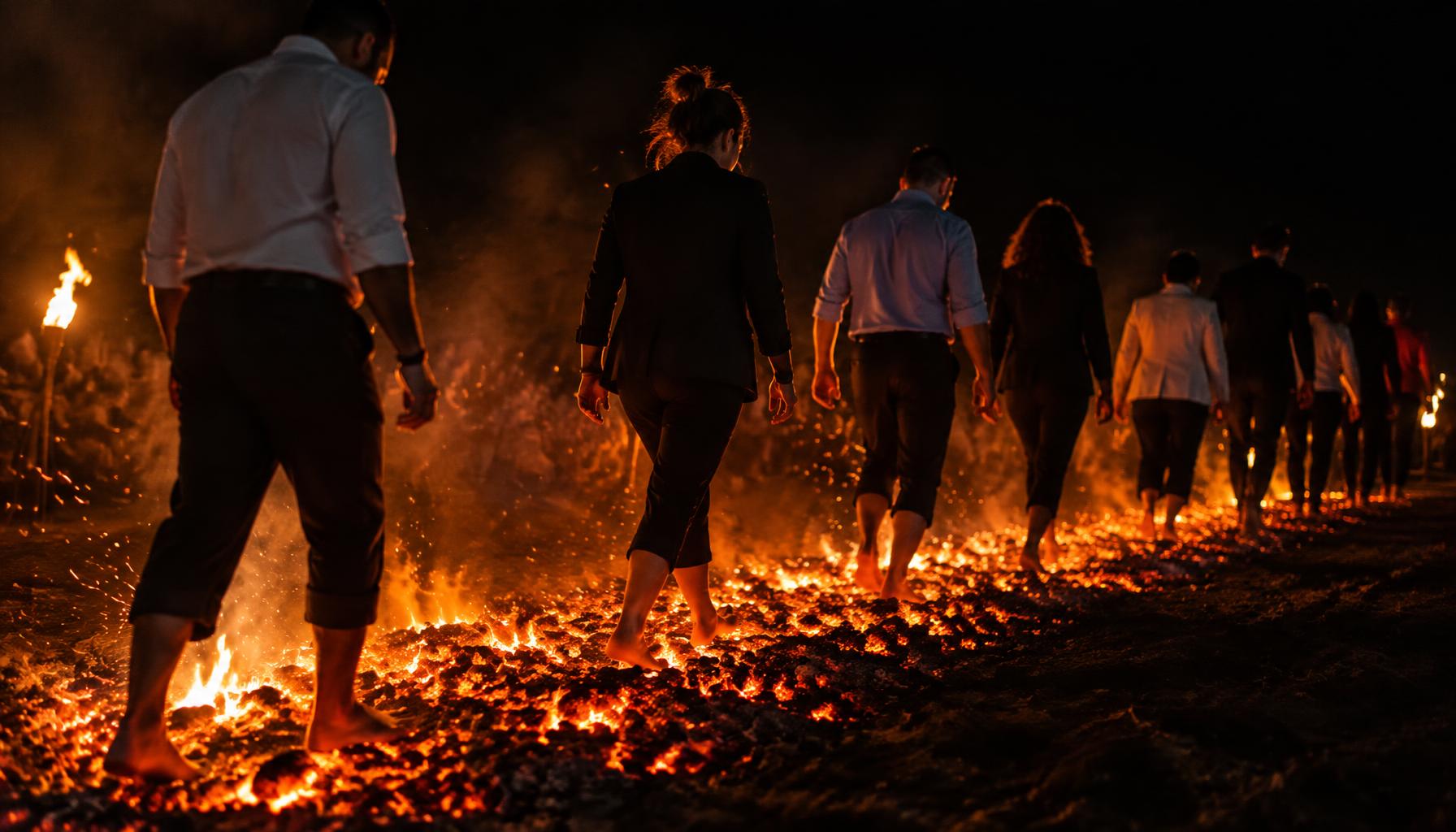 Empreendedores atravessando a passarela de fogo à noite